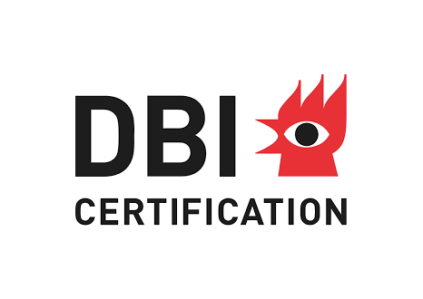 DBI certificeringslogo som dokumenterer at LH Elteknik er godkendt efter gældende standarder for brand og sikringsanlæg.