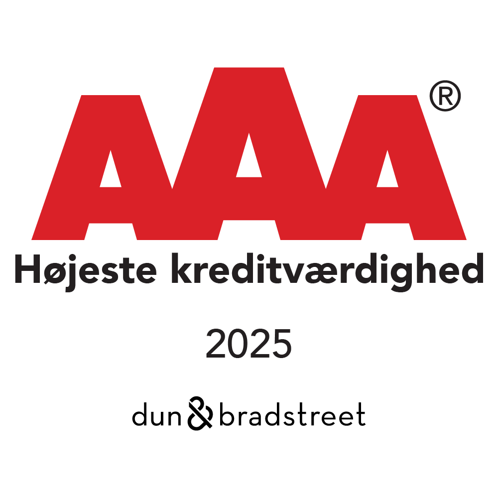 Grafisk badge med rød “AAA” tekst og teksten “Højeste kreditværdighed 2025” samt “dun & bradstreet” nederst som dokumentation for virksomhedens kreditrating.